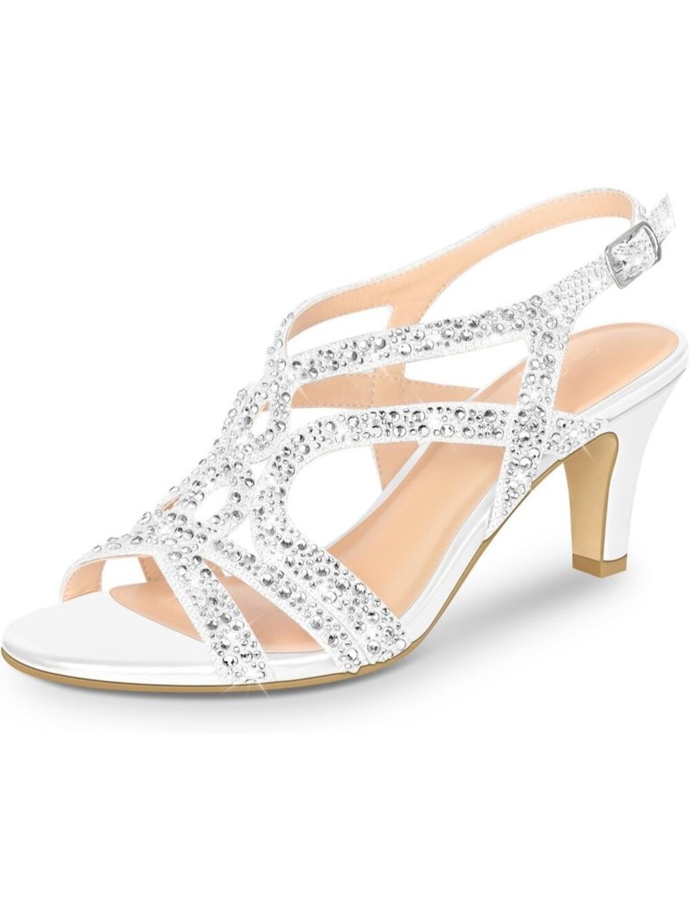Women's White Rhinestone Slingback Heels Open Toe Sparkle Wedding Sandals